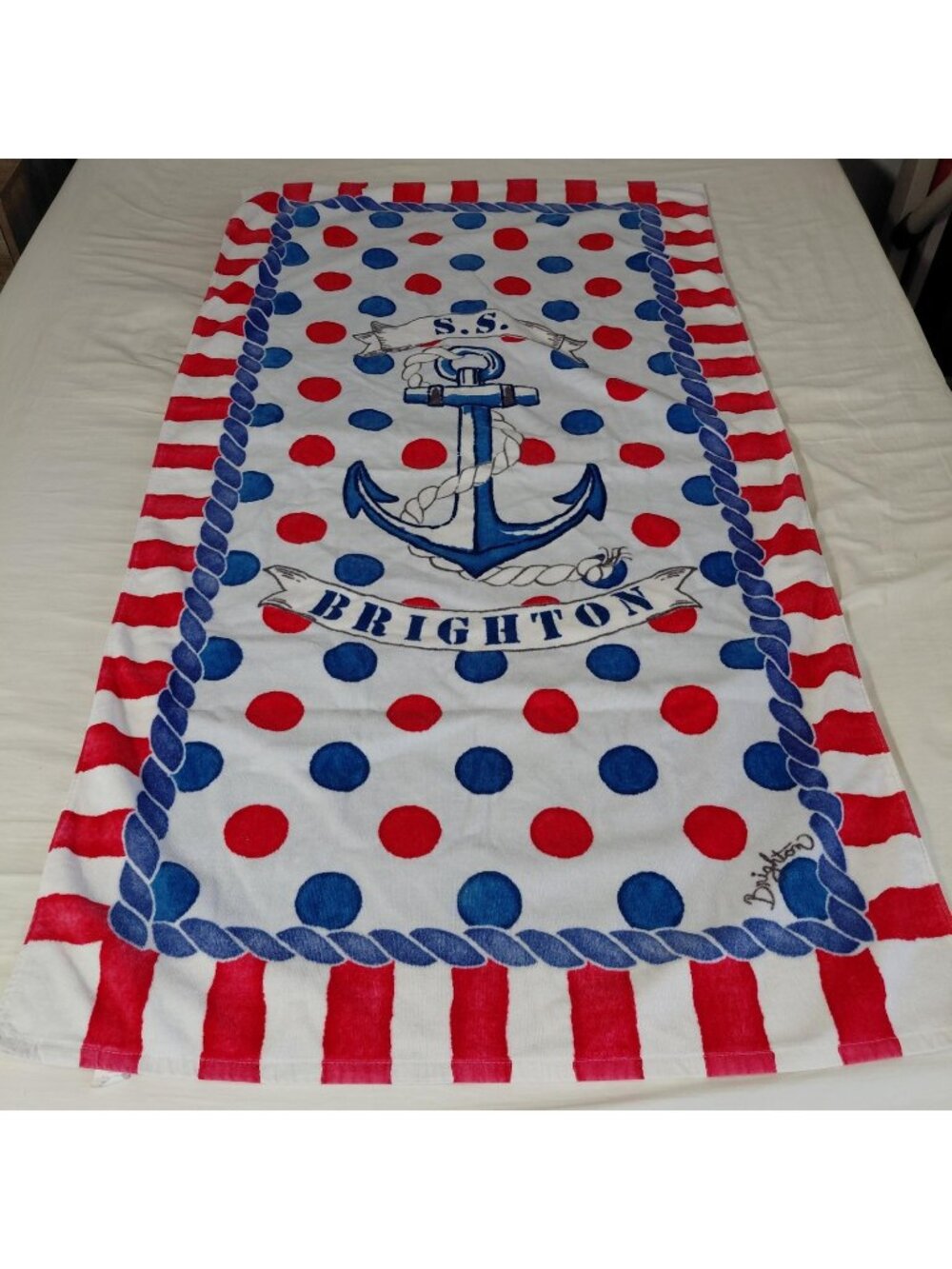 Brighton Beach Towel Anchor Nautical Polka Dot Print Cotton Red Blue 62.5x35